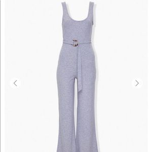 Grey knit-ribbed wide leg jumpsuit